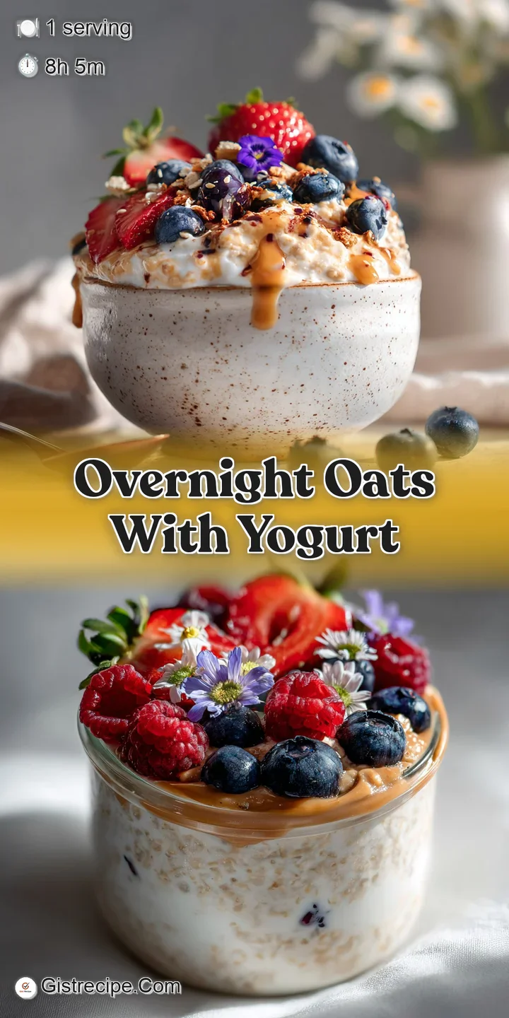 Close-up of creamy overnight oats with plump blueberries and a rich swirl of yogurt. Cold, velvety texture is visually app...