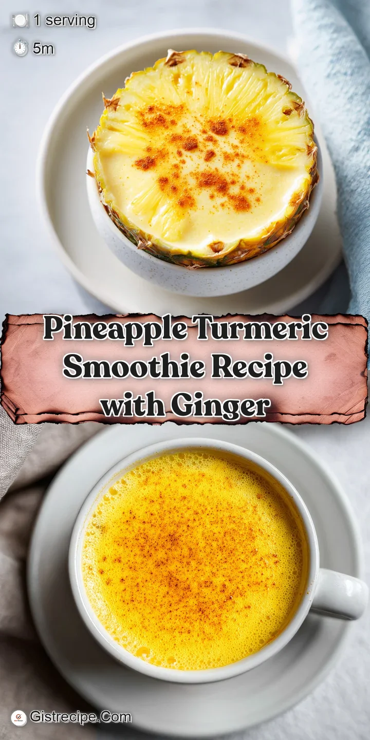 Close-up of a bright yellow smoothie showing frosty texture, crowned with a fresh pineapple chunk and a dusting of turmeric.