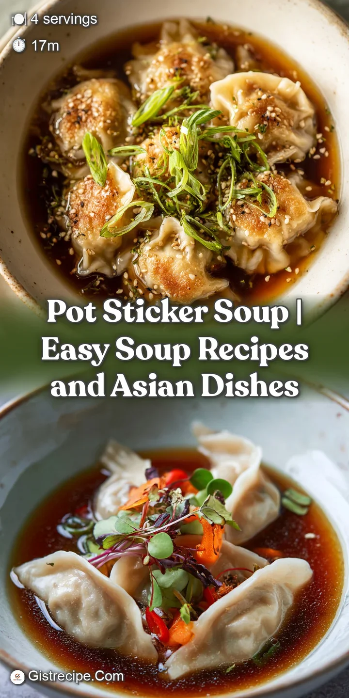 Close-up of a perfectly pleated potsticker glistening in warm, aromatic broth, ready to be savored.