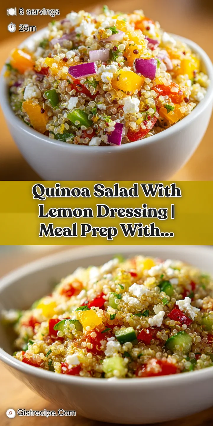 Close-up of glossy, lemon-glazed quinoa grains mixed with diced red peppers and crumbled white feta cheese.