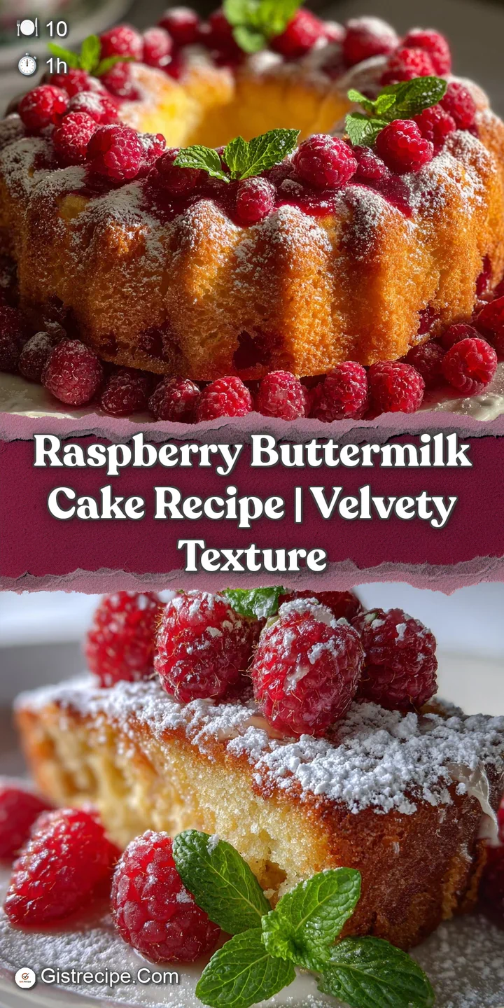 Close-up of a raspberry cake showing the tender crumb and juicy berries, hints of creamy buttermilk visible.