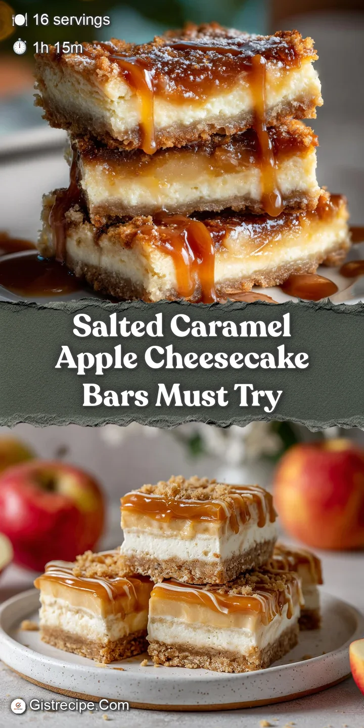 Close-up: Gooey caramel oozes from a decadent apple cheesecake bar. You can almost taste the sweet and salty flavors mingl...