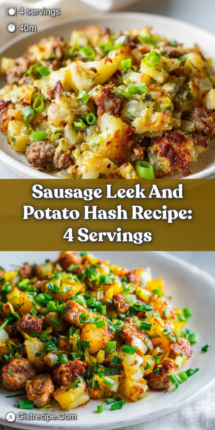 Close-up of glistening sausage and potato hash, showing the crispy textures and caramelized leeks, appetizing and warm.