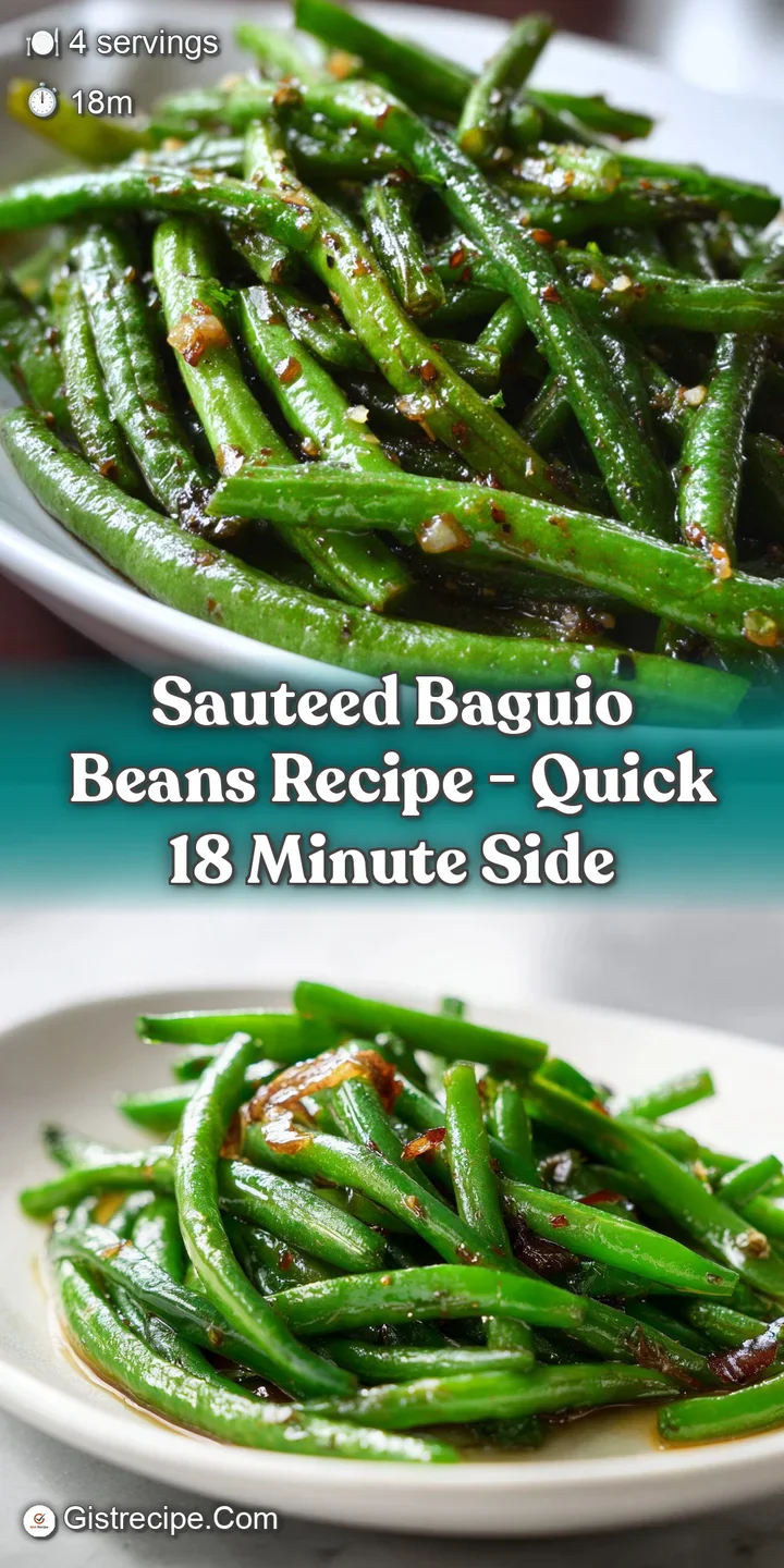 Close-up view of glossy, crisp-tender Baguio beans, showcasing the textures of the perfectly sauteed, flavorful vegetable ...