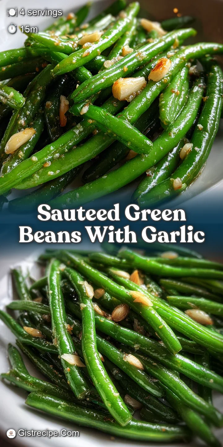 Close-up reveals the tender, slightly blistered surface of sauteed green beans mingled with aromatic, caramelized garlic b...