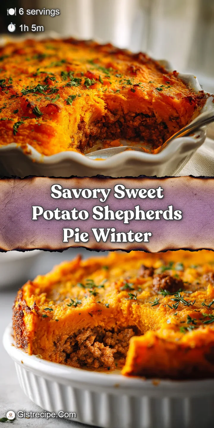 Close-up of a sweet potato shepherd's pie, showcasing the creamy, lightly browned mash and savory, steamy filling beneath.