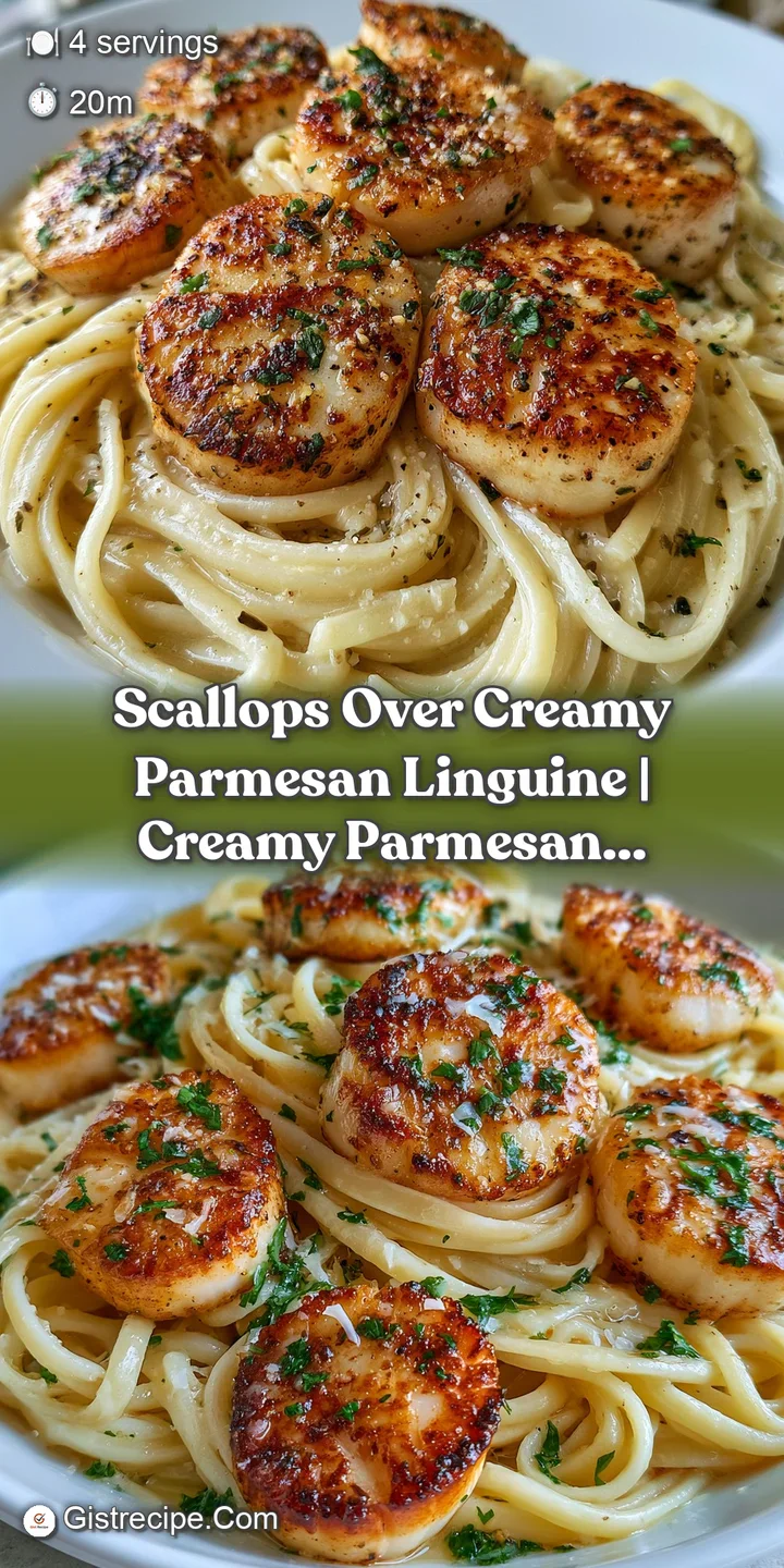 Macro shot of a glistening, golden-brown scallop atop creamy pasta ribbons with melted parmesan and fresh greenery.