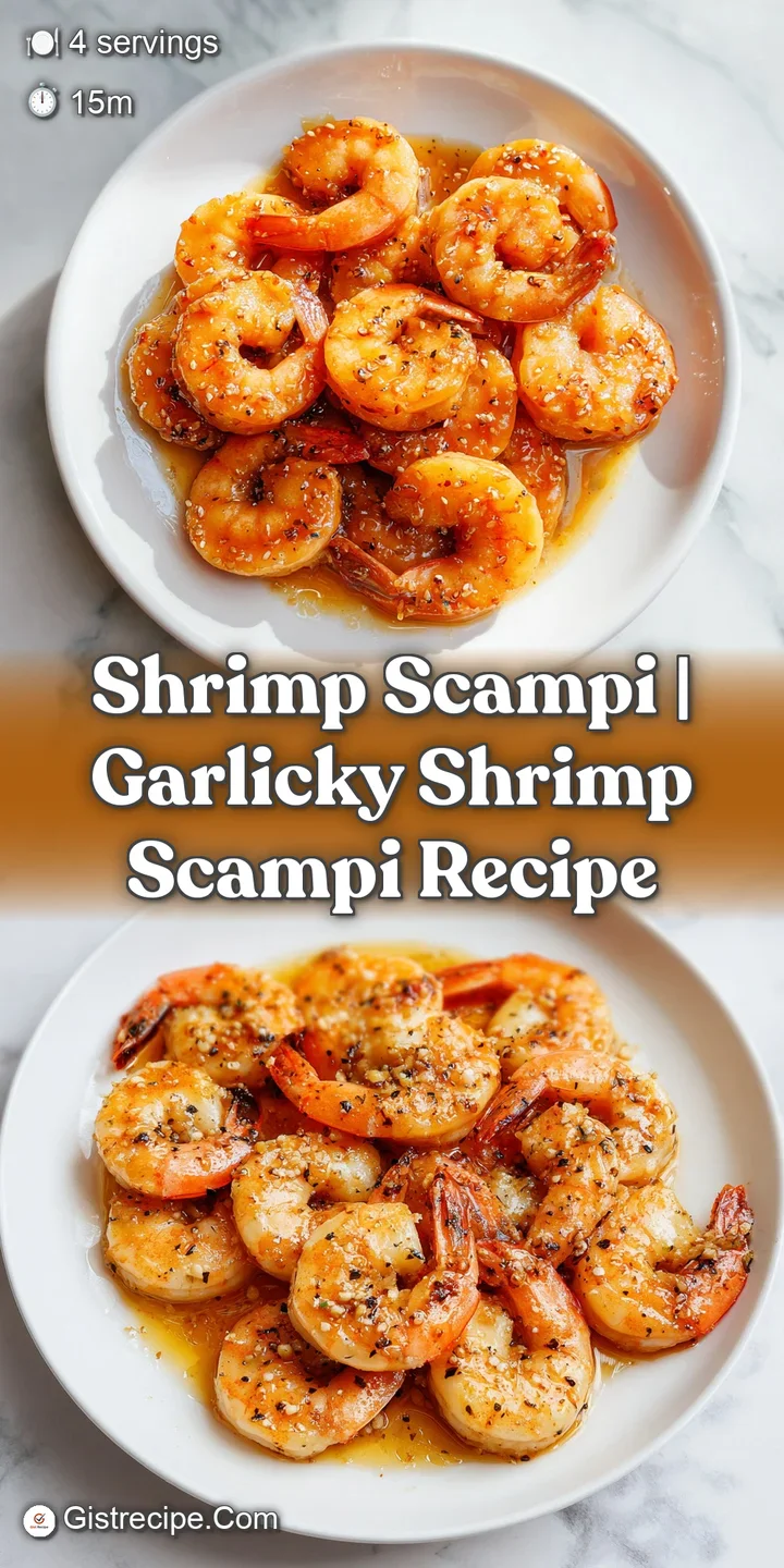 Close-up of tender, pink shrimp coated in a rich, shimmering lemon-butter sauce with tiny flecks of garlic.