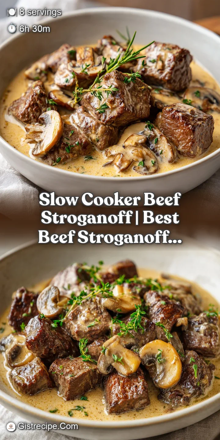 Close-up of velvety brown sauce coating tender beef strips and sliced mushrooms with a steaming hot texture.