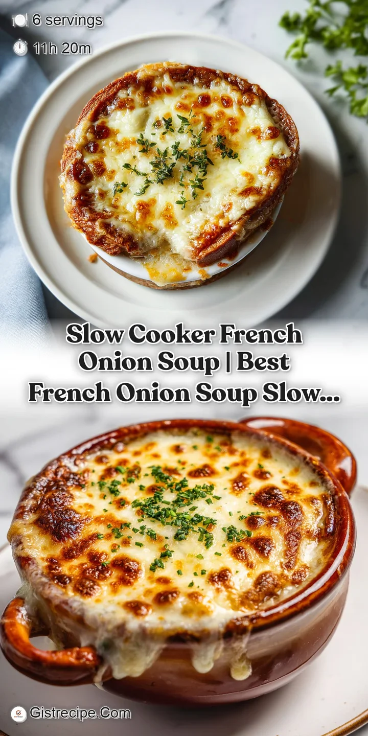 Close-up of gooey, melted golden cheese stretching over soft caramelized onions in a rich brown broth.