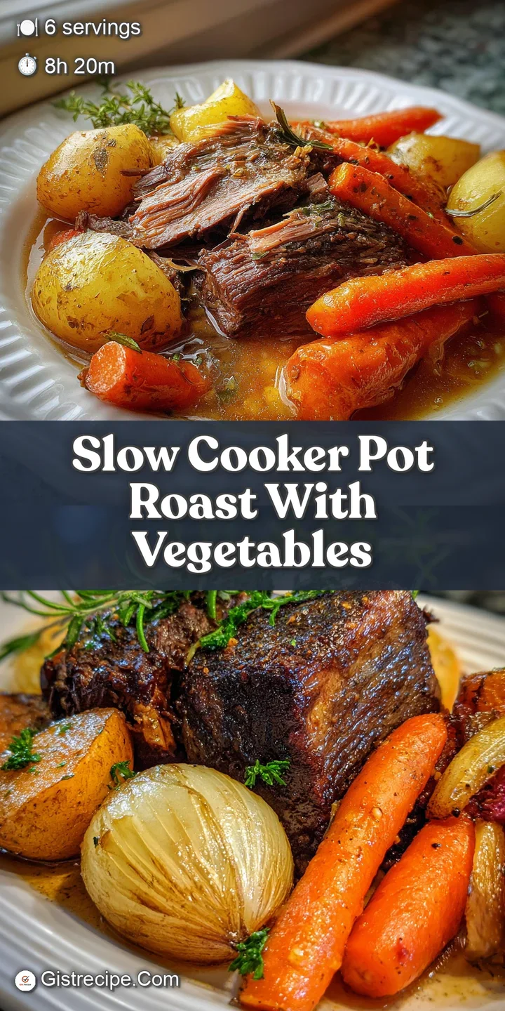 Close-up of juicy, shredded pot roast glistening with savory gravy. Tender carrots and potatoes peek through, promising a ...