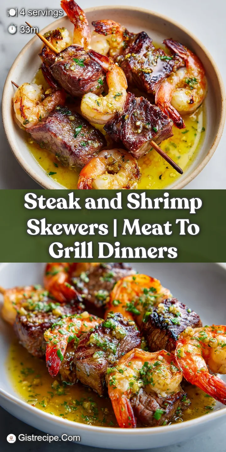 Close-up of glistening, charred steak and succulent shrimp with golden garlic cloves and a light buttery glaze.