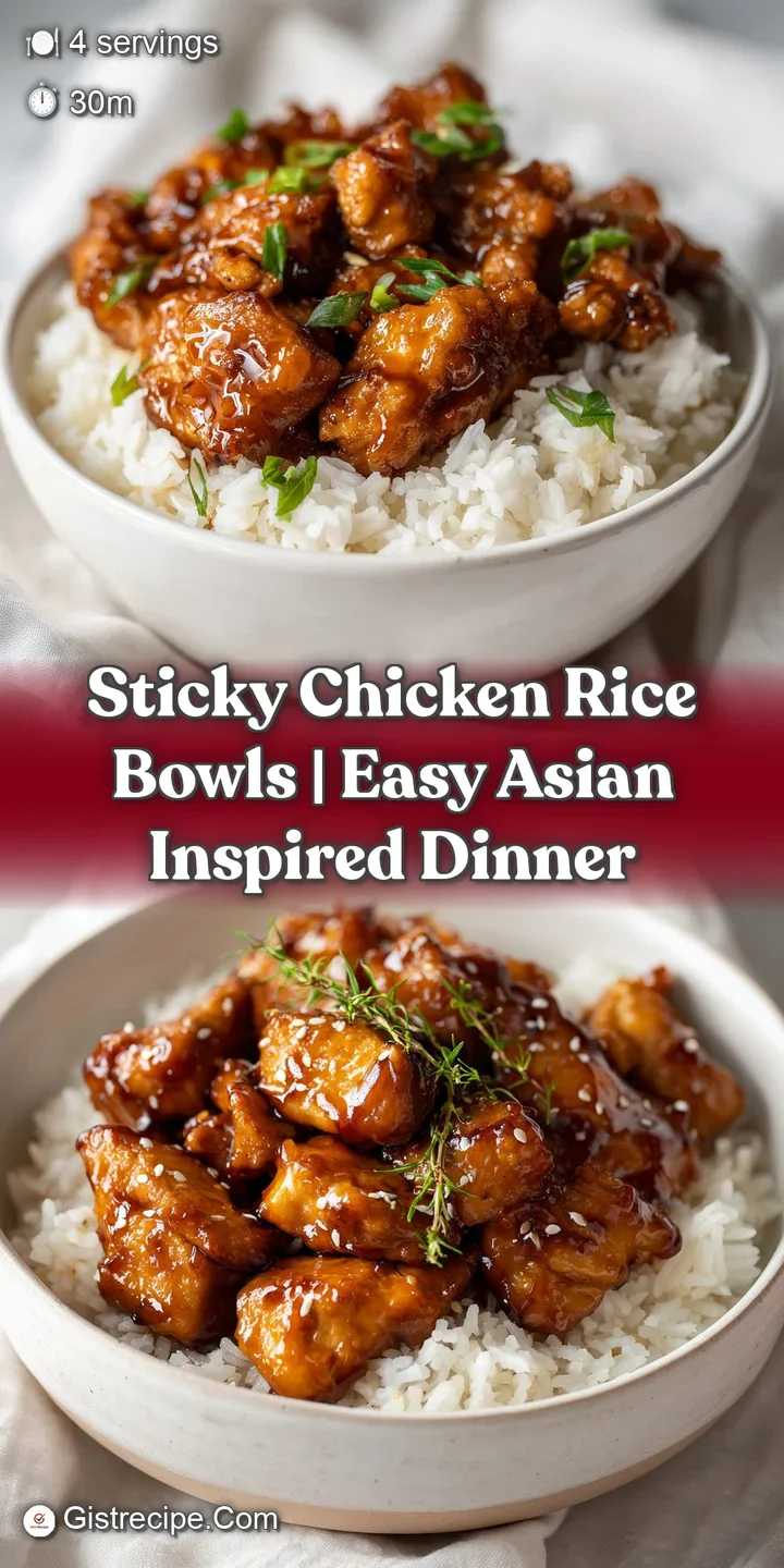 Close-up of glistening, honey-brown chicken chunks resting on a bed of steaming white rice with sesame seed sprinkles.