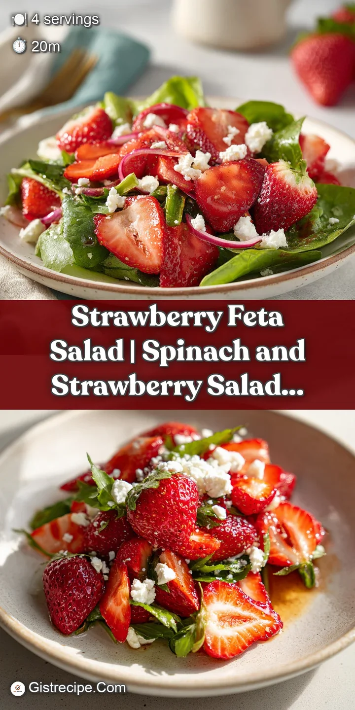 Juicy, glistening strawberries with soft white feta crumbles scattered on bright green spinach.