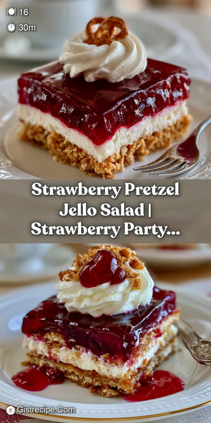 Macro view of glistening red strawberries resting on a pillowy white cream layer and a salty, crushed pretzel crust.