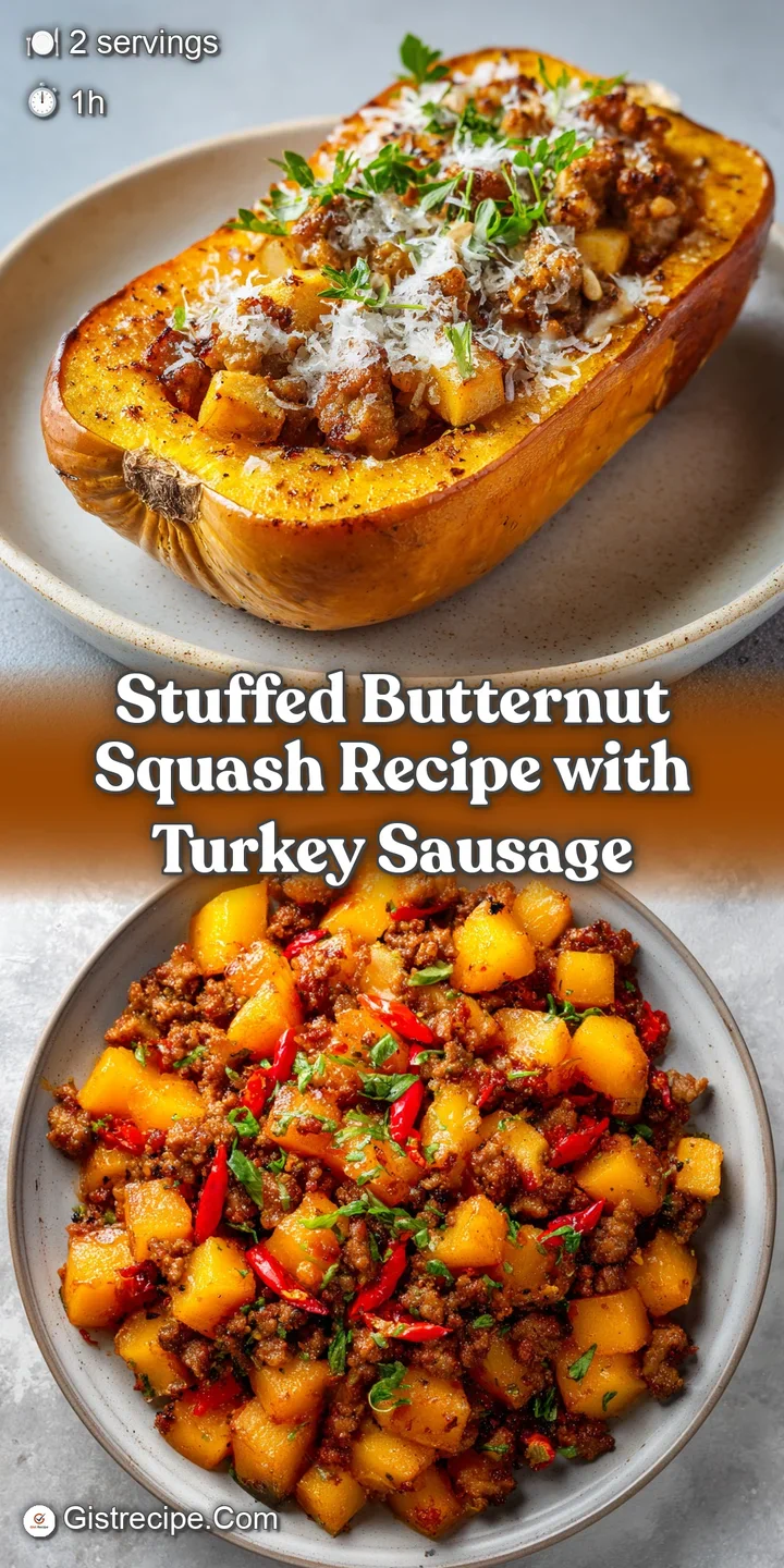Close-up reveals the textures of roasted butternut squash and a rich, inviting stuffing with visible herbs and spices.