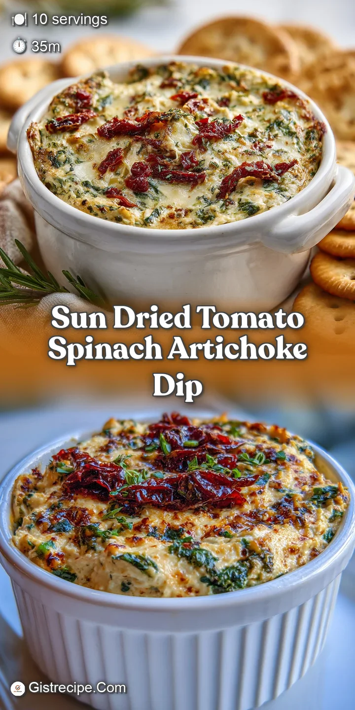 Close-up of a warm, creamy dip with bright red sun-dried tomatoes and vibrant green spinach swirled throughout the cheese.