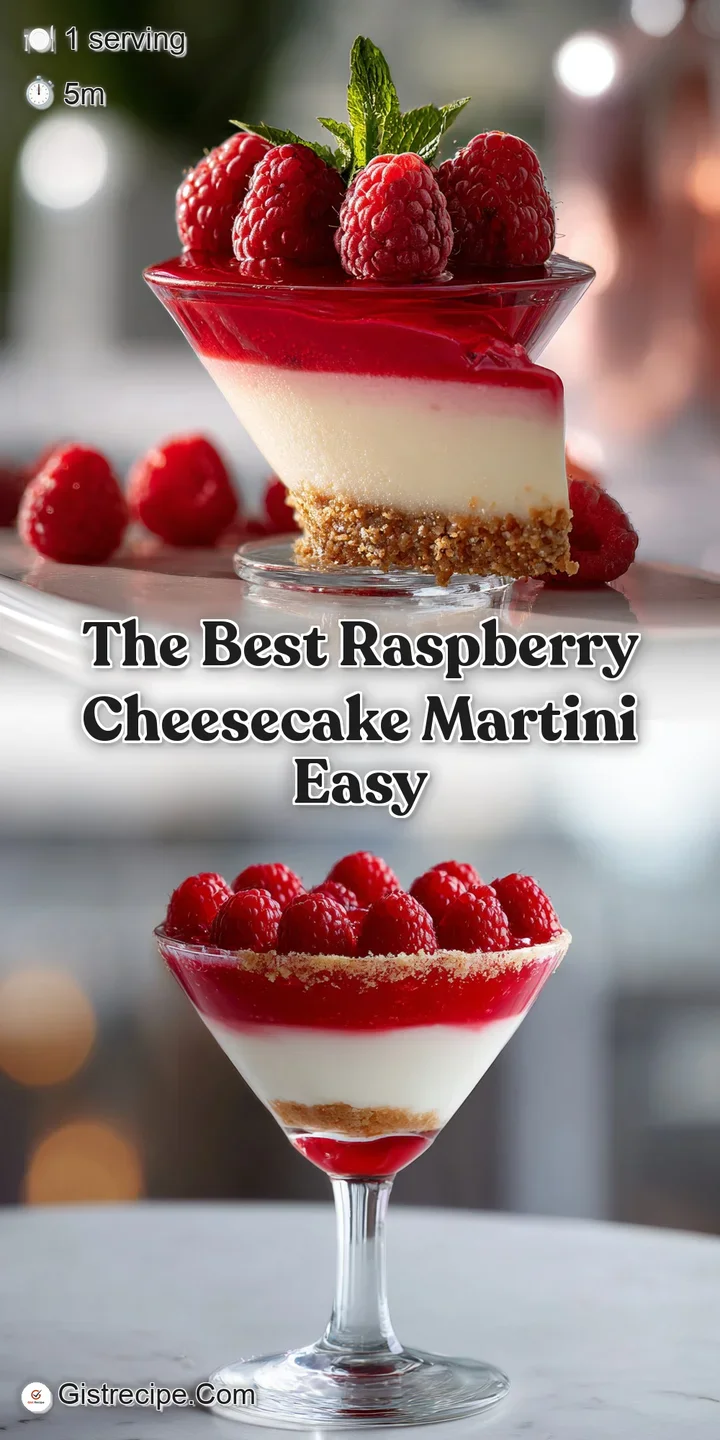 Close-up of a creamy, pink raspberry martini with a velvety texture, garnished with fresh, plump raspberries and a dusting...