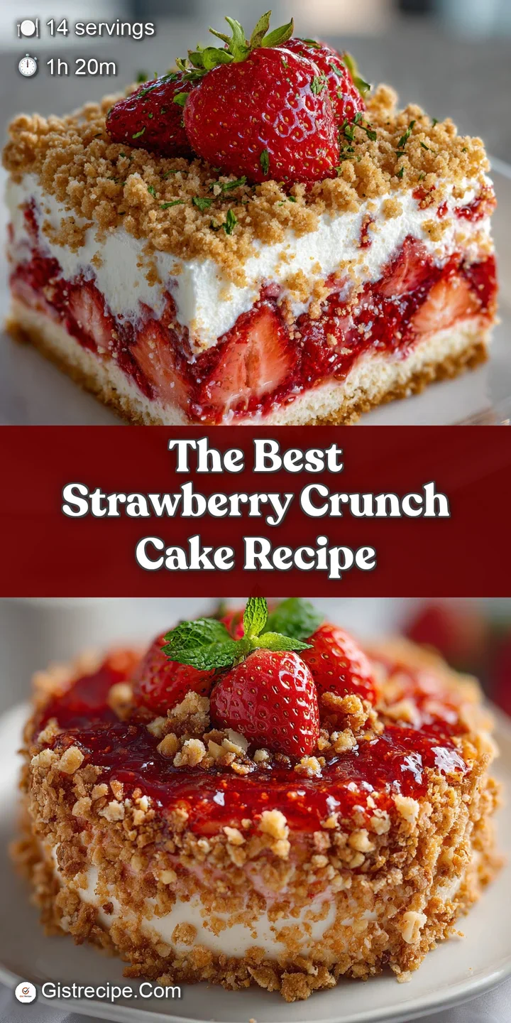 Close-up of strawberry crunch cake, revealing the vibrant pink frosting and textured, golden-brown crispy baked crumbs.