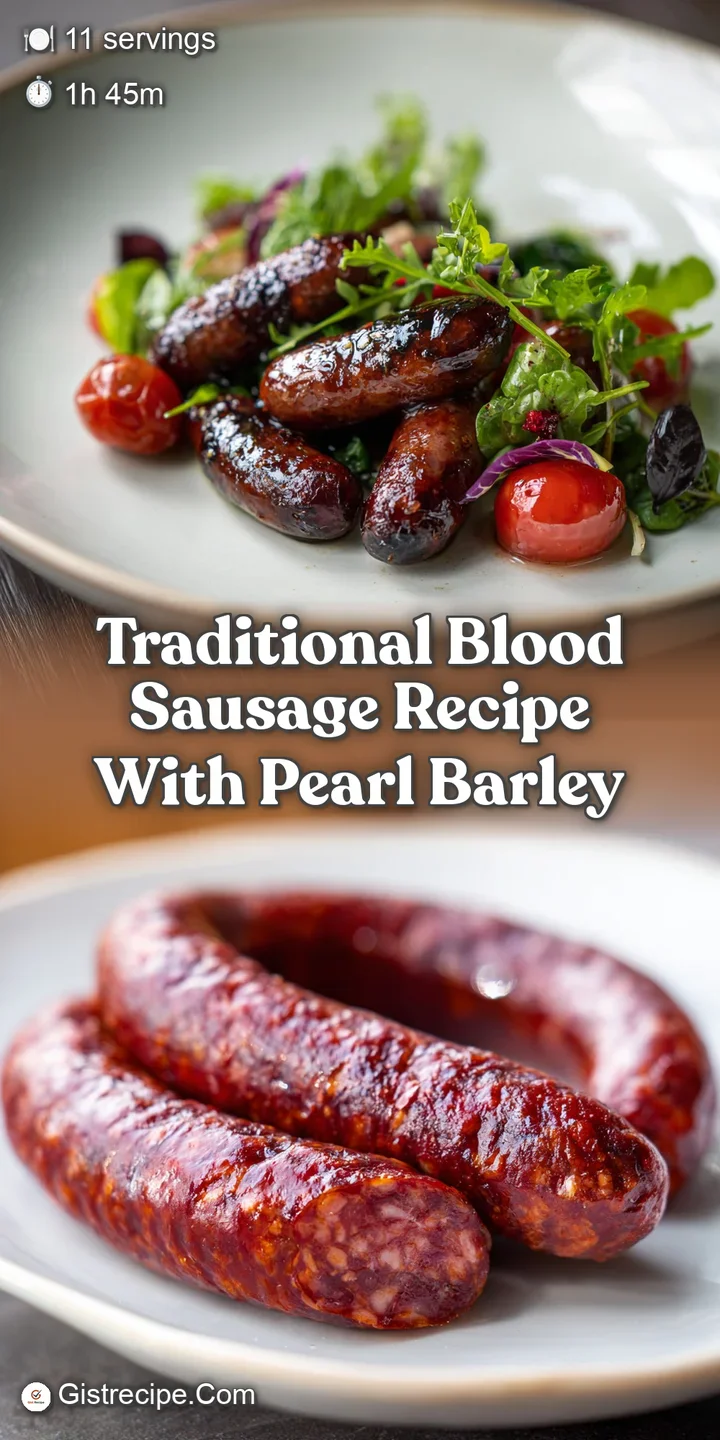 Close-up: rich, dark blood sausage with plump, chewy pearl barley reflecting light, a delicious savory bite.