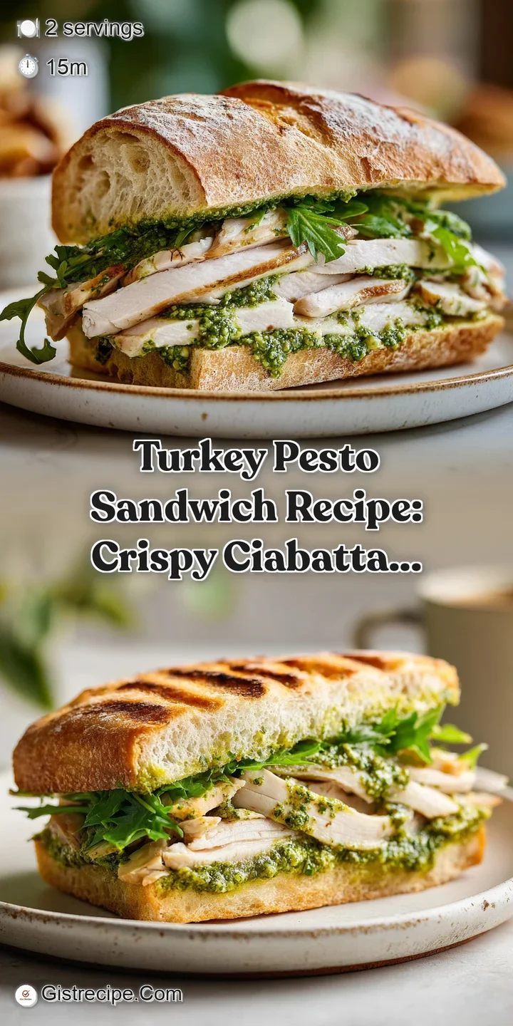 Close-up shot of a turkey pesto sandwich highlighting the creamy pesto, savory turkey, and toasted ciabatta bread texture.