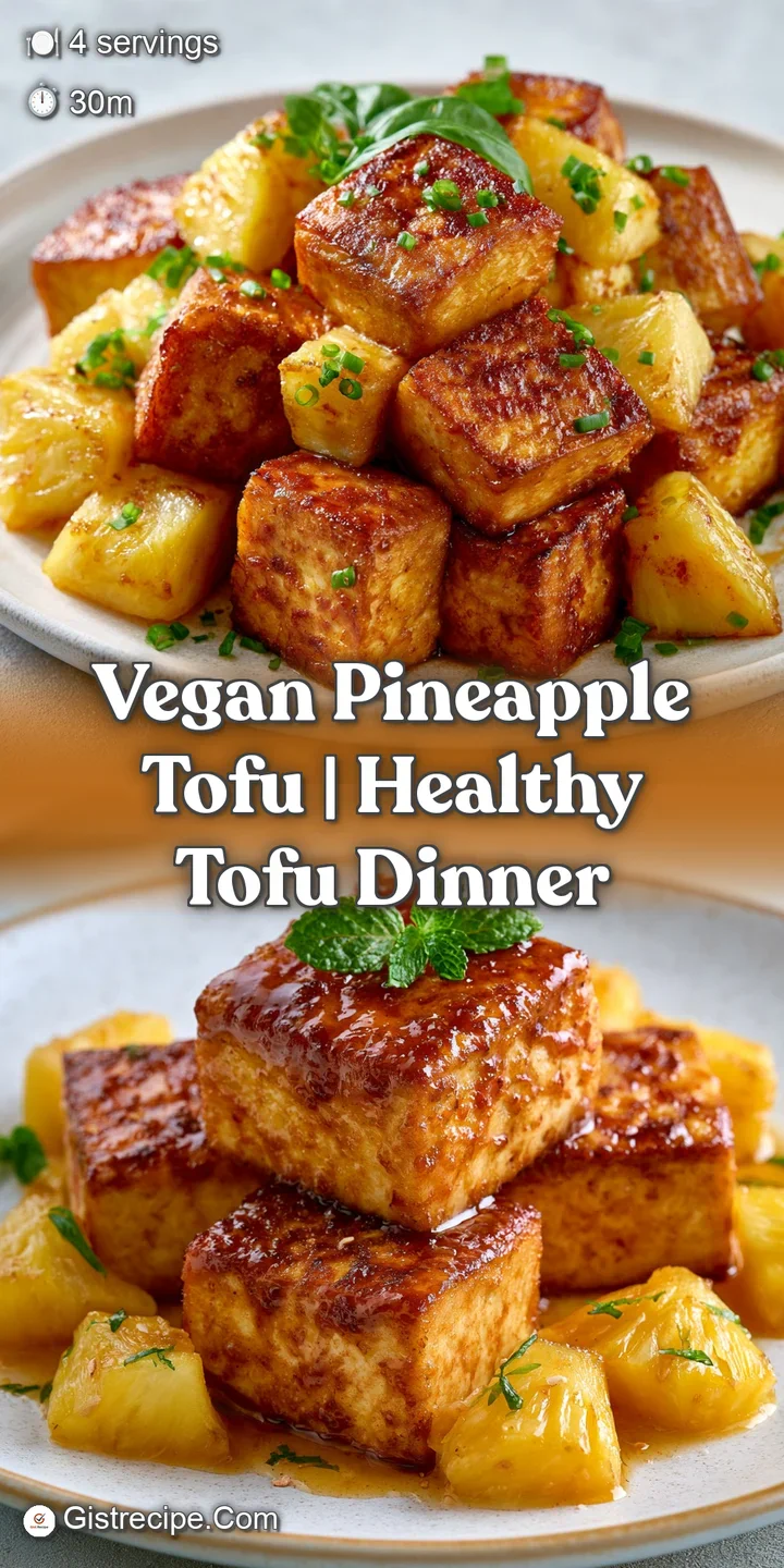 Close-up of glistening, caramelized tofu and juicy pineapple chunks coated in a rich, amber-colored savory glaze.