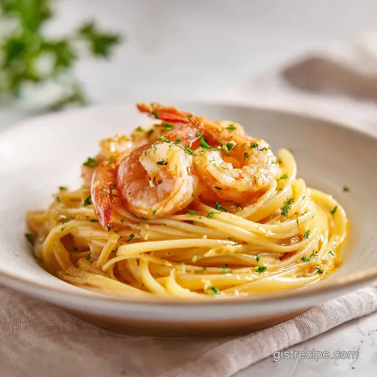 Elegant swirl of pasta topped with succulent pink shrimp, lemon butter sauce, and a sprinkle of fresh parsley.