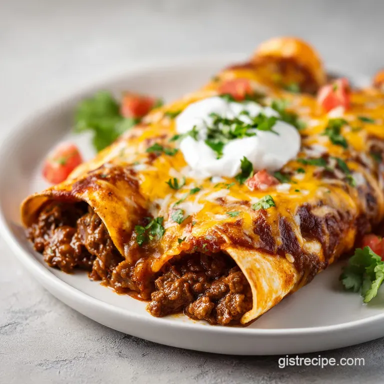 Plated enchilada covered in melted cheese & vibrant sauce. Garnish of fresh cilantro adds color to this warm, inviting dish.