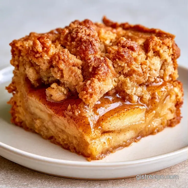 A slice of warm apple cake on a white ceramic plate with a dollop of vanilla cream and a sprig of fresh mint