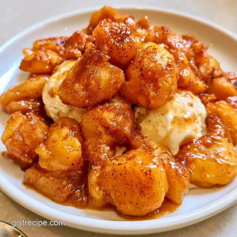 Two neat scoops of creamy vanilla ice cream atop a toasted oat crumble with a drizzle of salted caramel.
