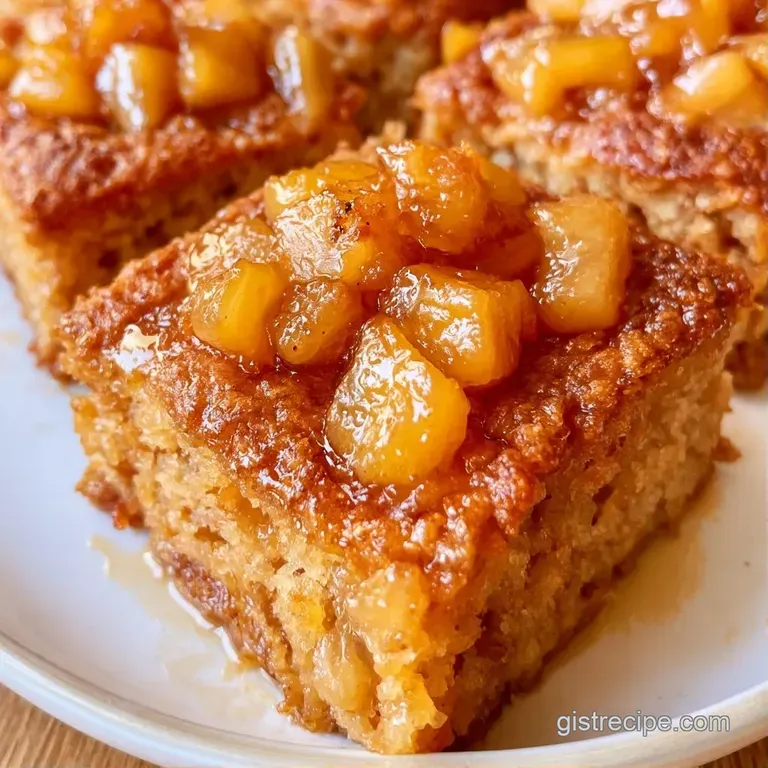 Slices of golden-brown fruit bars arranged on a rustic platter with a drizzle of caramel and fresh mint leaves.