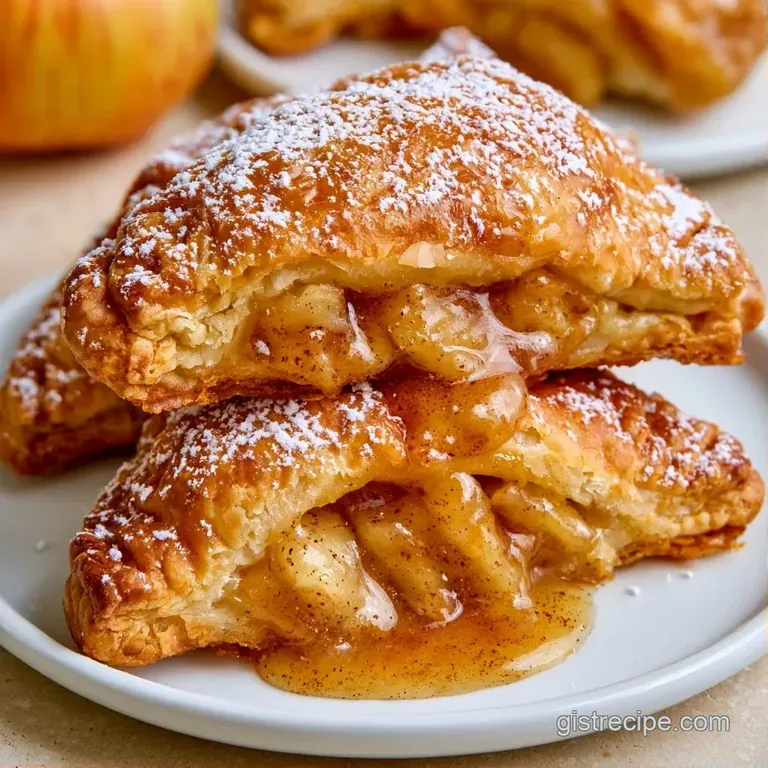 Flaky pastry triangles on a white plate with a glistening drizzle of caramel sauce and a sprig of fresh mint.