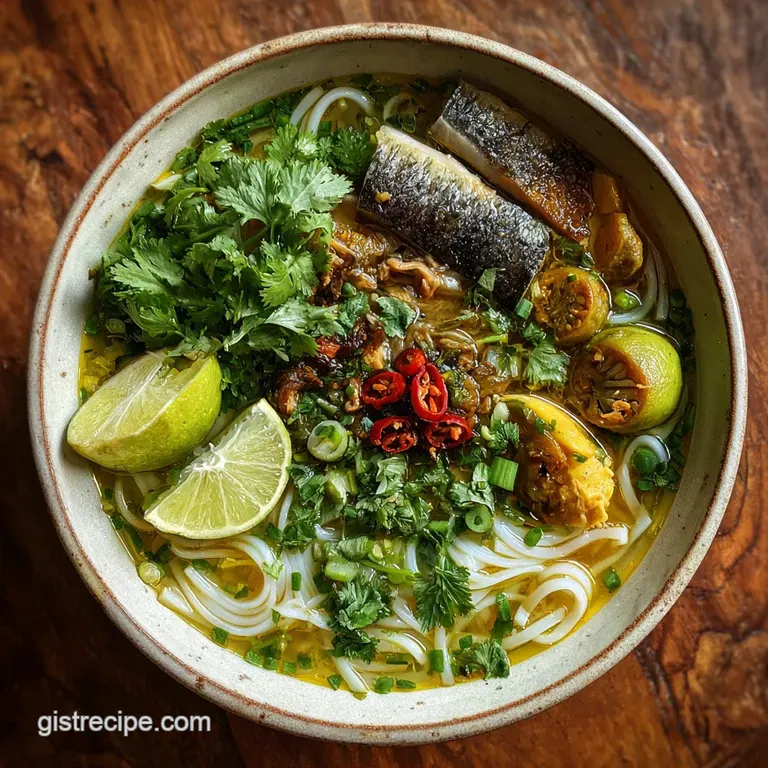 Elegant bowl of mohinga with contrasting textures of soft noodles, crunchy toppings, and a deep amber, flavorful broth.