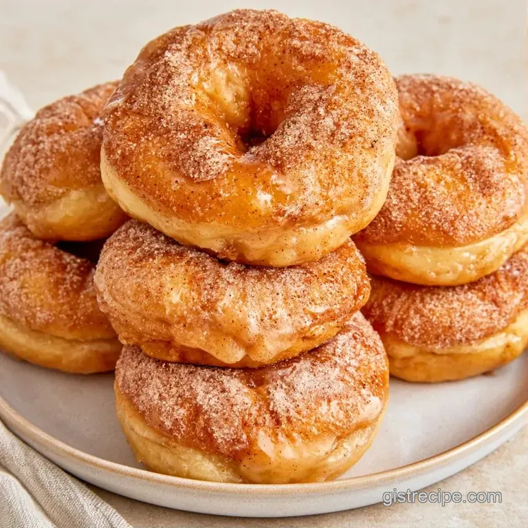 Neatly stacked cinnamon-sugar rings on a white plate, accented by fresh apple slices and a sprinkle of spice.