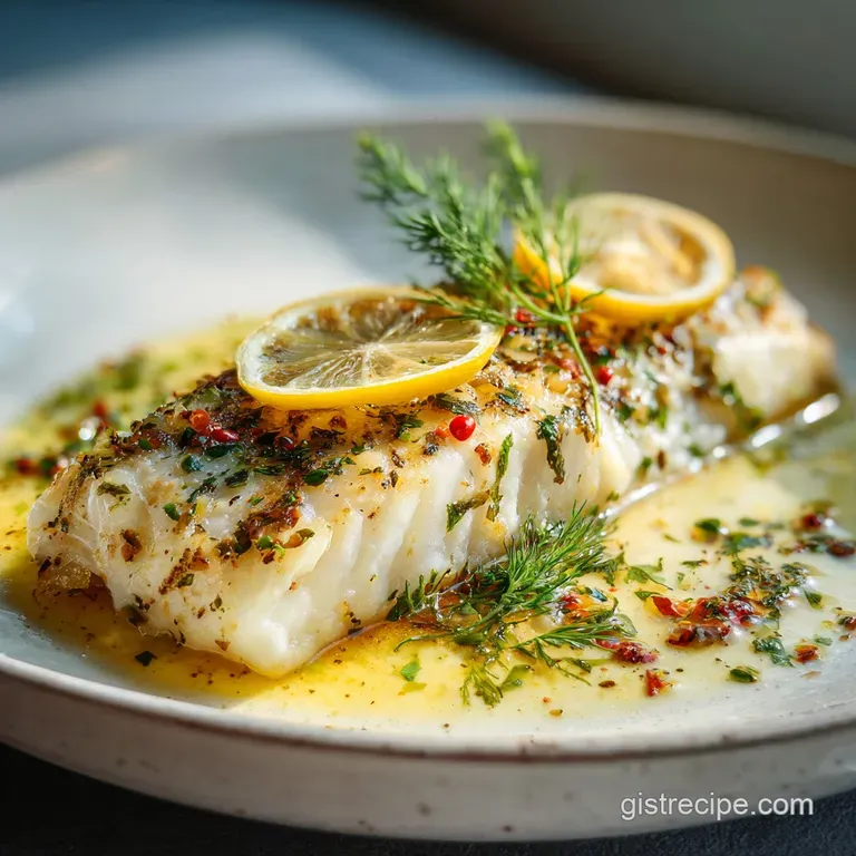 Perfectly cooked walleye fillet, brightened by lemon wedges and fresh herbs, resting on a clean white plate. Inviting and ...