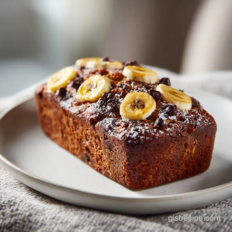 A perfectly baked slice of banana chocolate chip loaf, artfully arranged with a drizzle of melted chocolate.