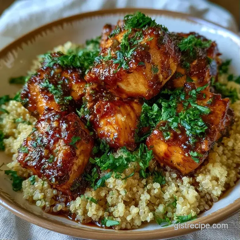 Colorful bowl of glazed grilled chicken, ivory quinoa, corn, and black beans topped with a sprig of fresh cilantro.