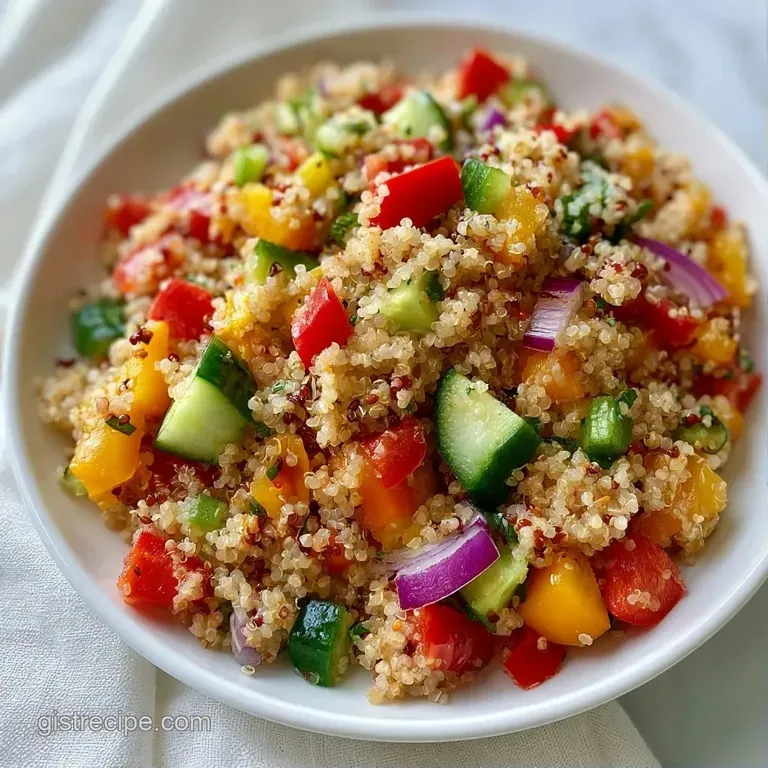 A neat mound of colorful grains and crisp peppers served on a slate platter with a sprig of fresh cilantro.