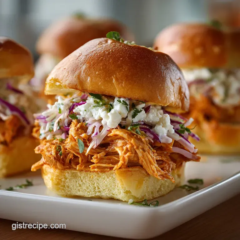 Stacked buffalo chicken sliders with vibrant green lettuce, tangy sauce dripping down, inviting and ready to eat.