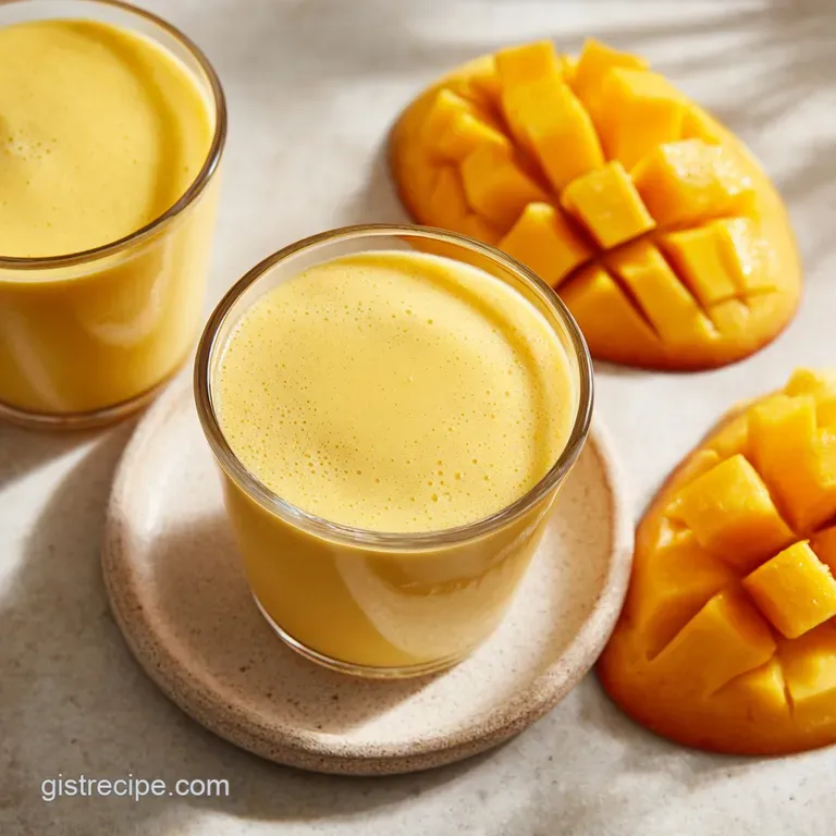 Two glasses of thick, golden mango smoothie, artfully garnished with fresh mint sprigs.