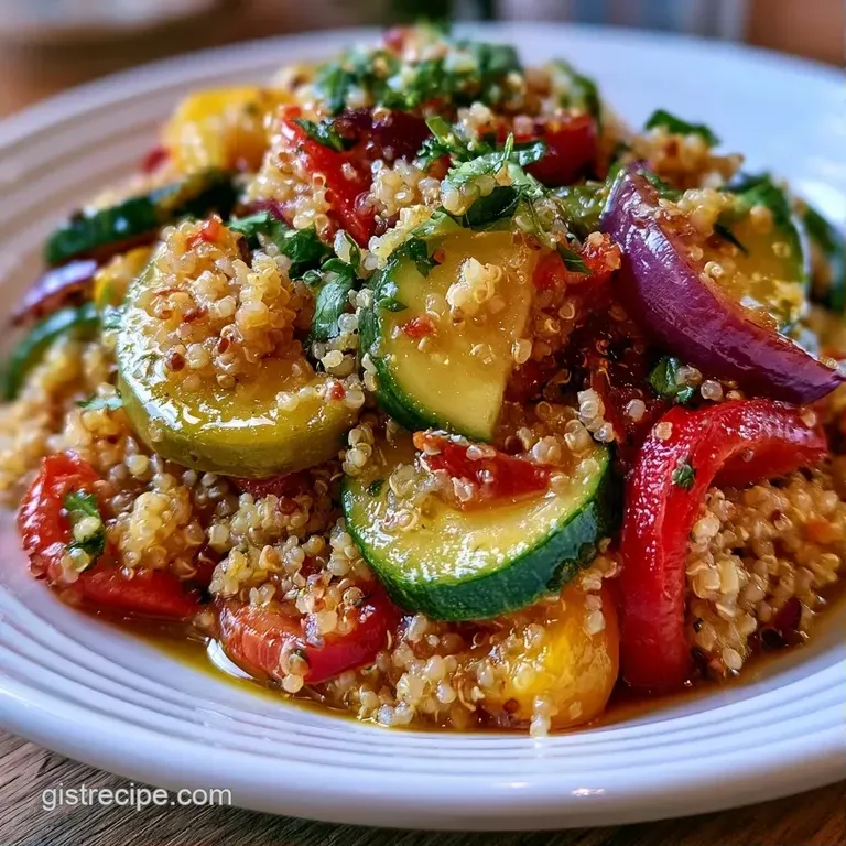 A bright white bowl featuring fluffy quinoa and diced veggies, lightly glistening with a clear, zesty lemon dressing.