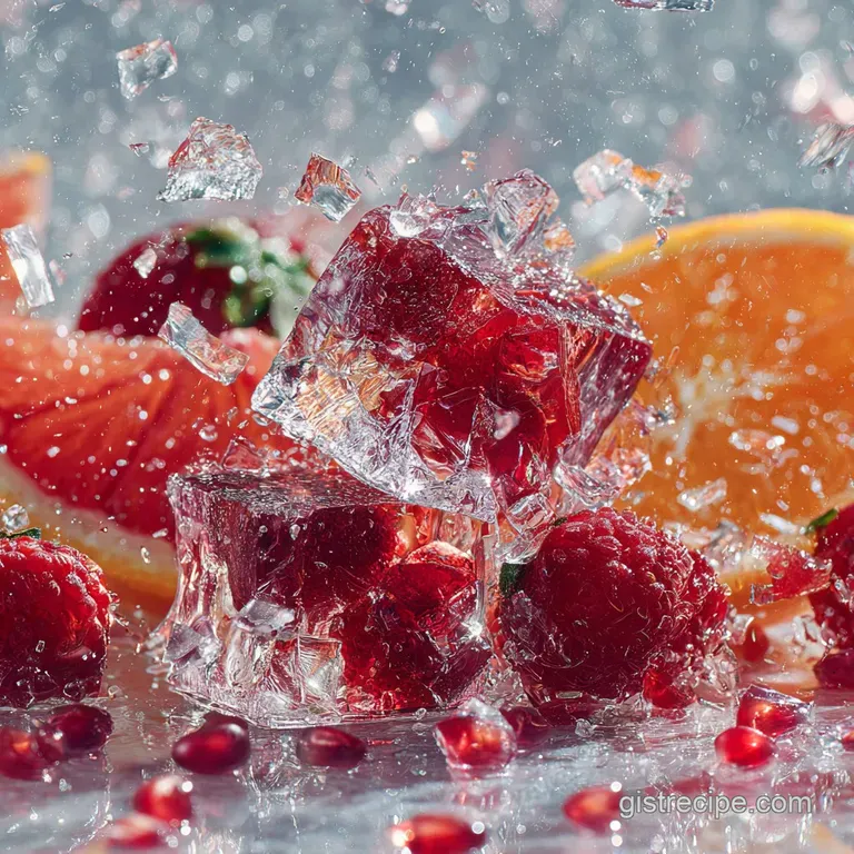 A single tanghulu skewer held aloft, the candied hawthorn berries sparkling in the light, with a soft-focus background.