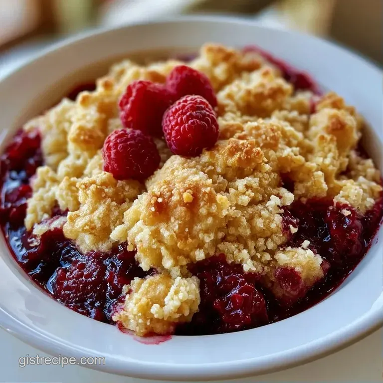 A scoop of melting vanilla ice cream atop a warm berry crumble served on a minimal white porcelain plate.