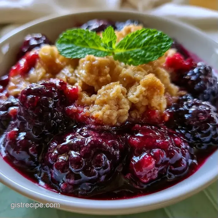 A scoop of deep purple berry crumble topped with melting vanilla ice cream in a polished white ceramic bowl.
