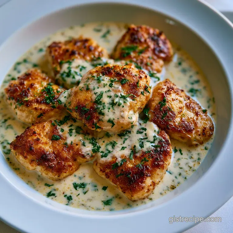Pan-seared chicken thighs with a glossy gold crust served in a shallow bowl of creamy sauce and fresh parsley.