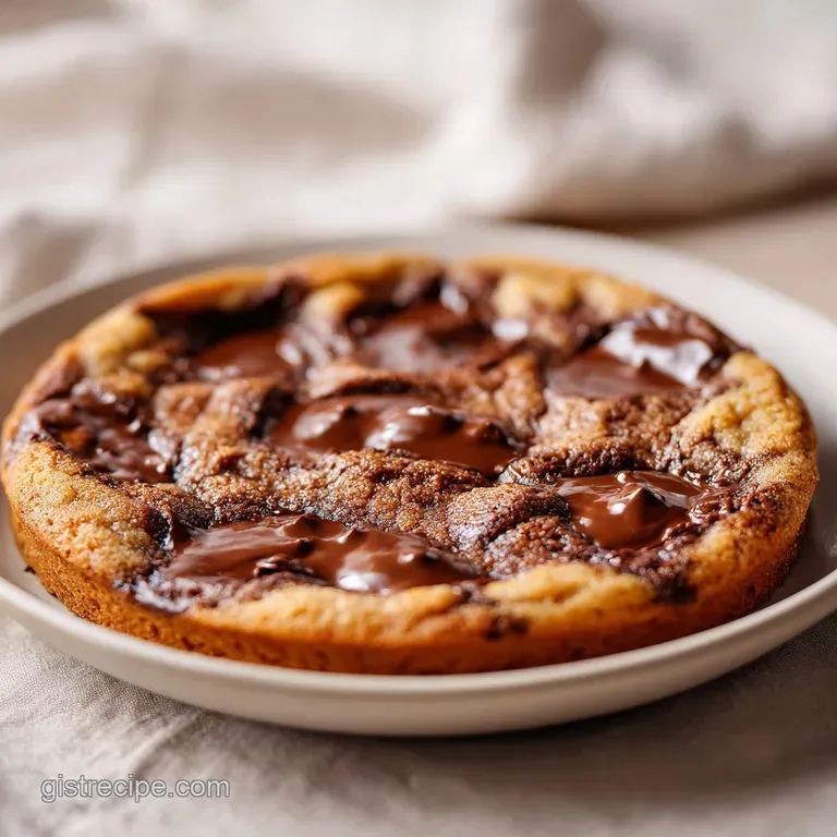 Sliced golden cookie cake on a matte plate, garnished with a scoop of vanilla ice cream and berry coulis.