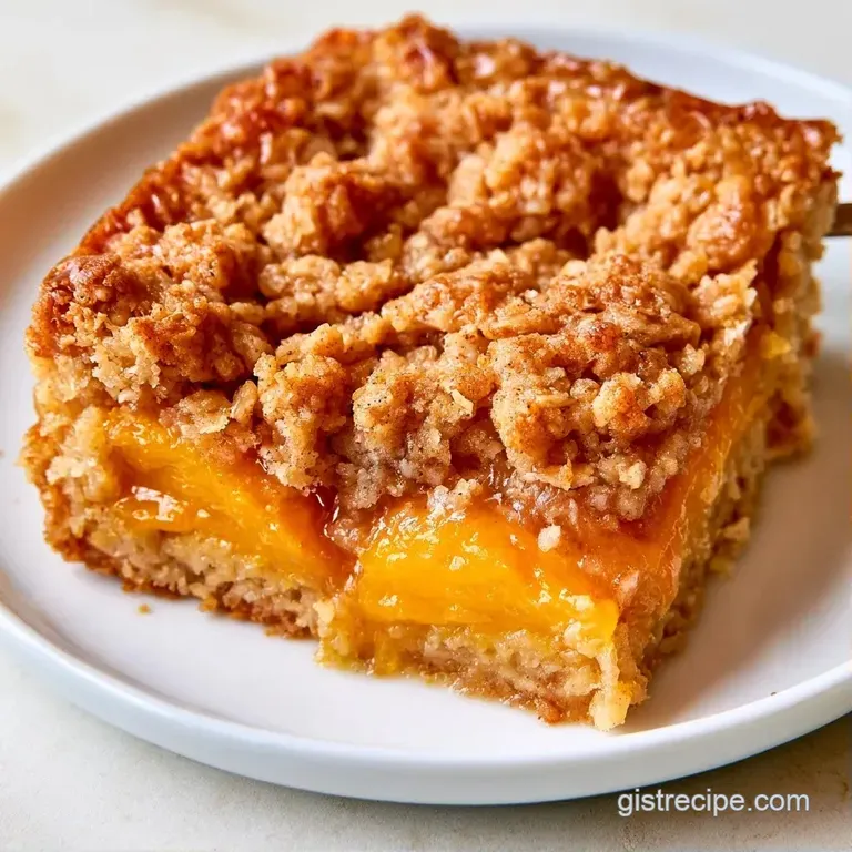 A neat square of golden pastry topped with glistening orange peaches, dusted with sugar on a white ceramic plate.