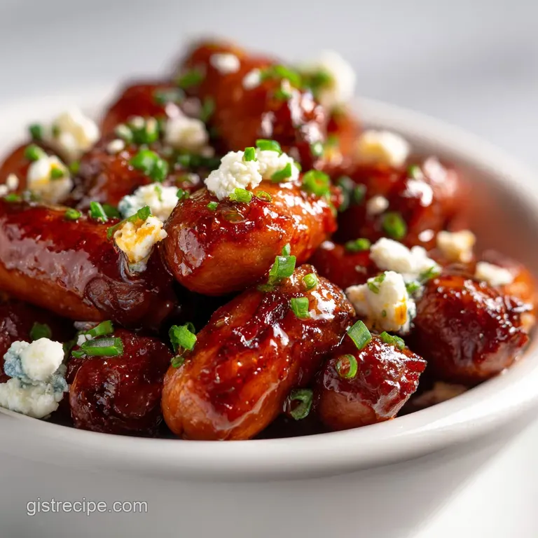 Elevated view of Cheese Lil Smokies appetizer, dotted with vibrant blue cheese and arranged artfully on a white ceramic dish.