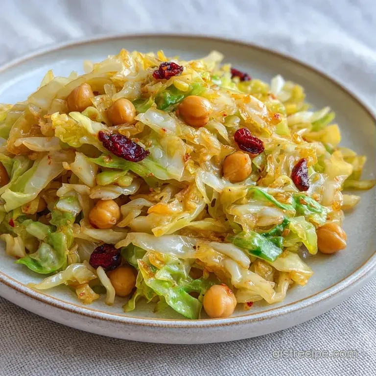 Saut&eacute;ed cabbage and chickpeas piled high in a ceramic bowl, finished with a drizzle of olive oil and cracked pepper.