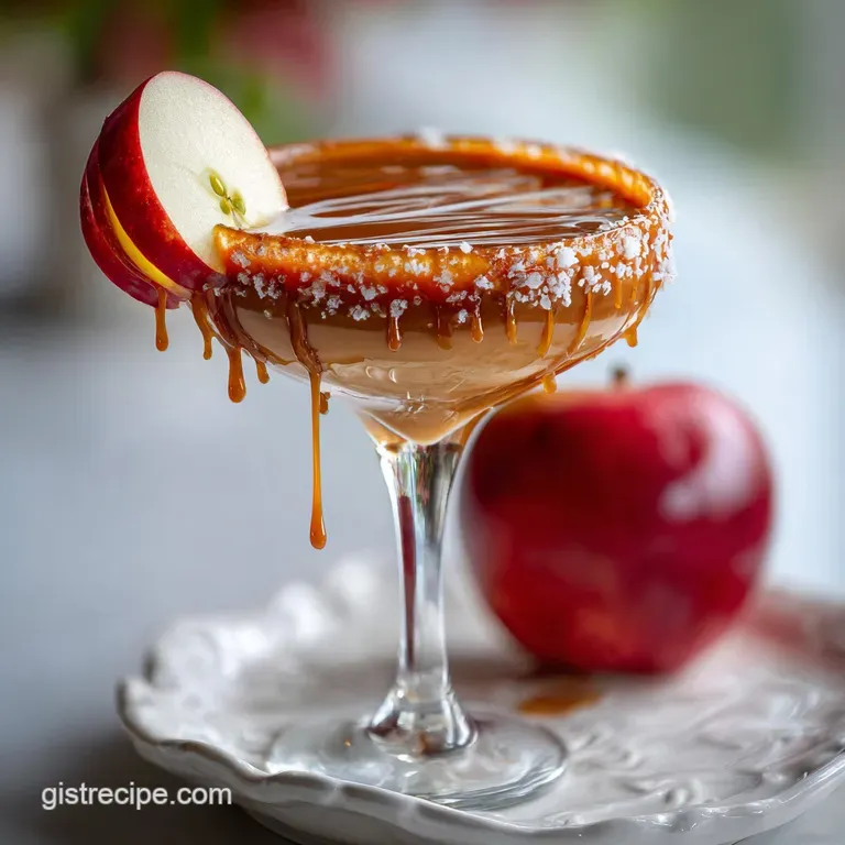 Elegant caramel apple martini. Frothy light brown cocktail in a stemmed glass, garnished with a fanned apple slice and car...